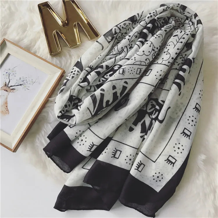 New Black and White Elephant Cotton Scarves Fashion Woman Bohemian Seaside Holiday Sunscreen Beach Lady Shawl Female Pashmina