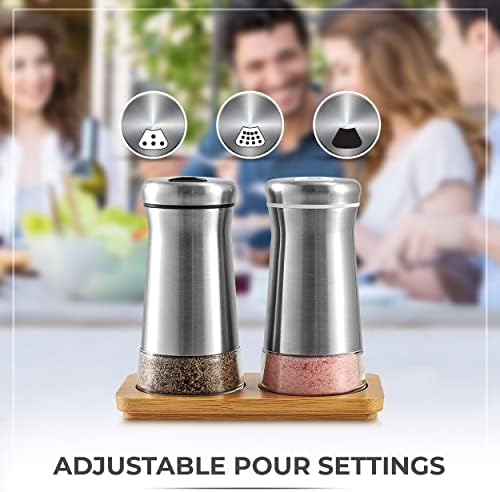 Adjustable Salt Pepper Shakers Set with Bamboo Stand