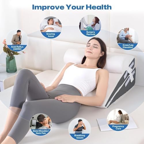 GOHOME 3-Piece Memory Foam Wedge Pillow Set - White and Grey