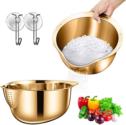 BigKing 2 Pack Rice Washing Bowl with Strainer and Adhesive Hooks Gold