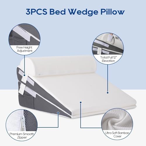 GOHOME 3-Piece Memory Foam Wedge Pillow Set - White and Grey
