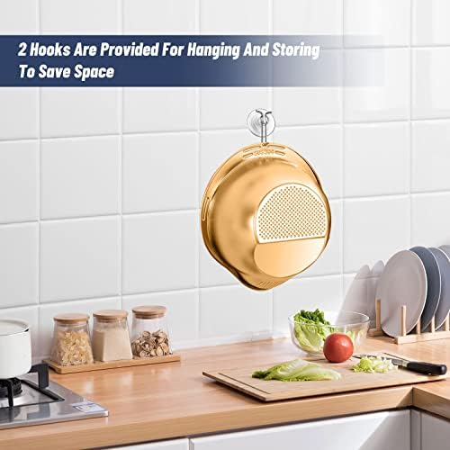 BigKing 2 Pack Rice Washing Bowl with Strainer and Adhesive Hooks Gold