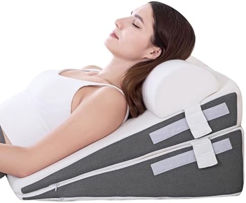 GOHOME 3-Piece Memory Foam Wedge Pillow Set - White and Grey
