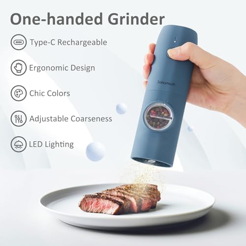 SAKAMOSH Electric Salt Pepper Grinder Set Rechargeable with LED Light 2-Pack Blue