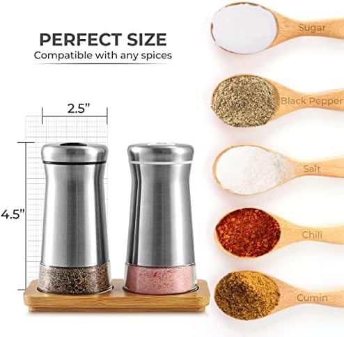 Adjustable Salt Pepper Shakers Set with Bamboo Stand