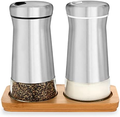 Adjustable Salt Pepper Shakers Set with Bamboo Stand