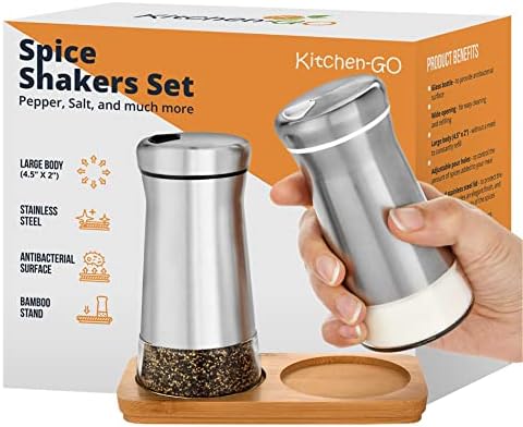 Adjustable Salt Pepper Shakers Set with Bamboo Stand