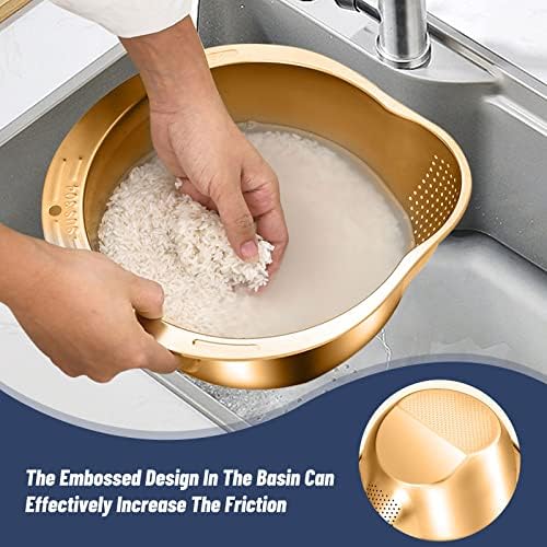 BigKing 2 Pack Rice Washing Bowl with Strainer and Adhesive Hooks Gold