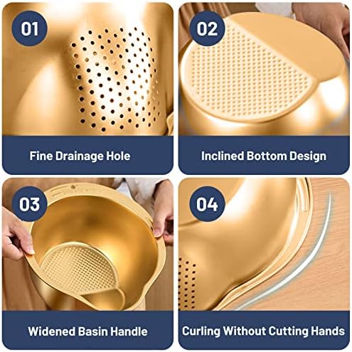 BigKing 2 Pack Rice Washing Bowl with Strainer and Adhesive Hooks Gold