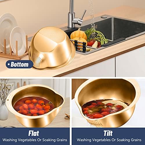 BigKing 2 Pack Rice Washing Bowl with Strainer and Adhesive Hooks Gold