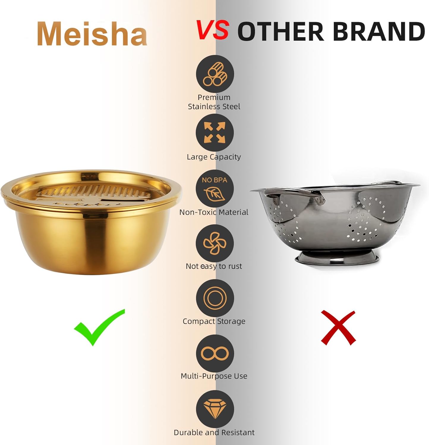 Meisha 3Pcs Stainless Steel Colander Set - Gold 1