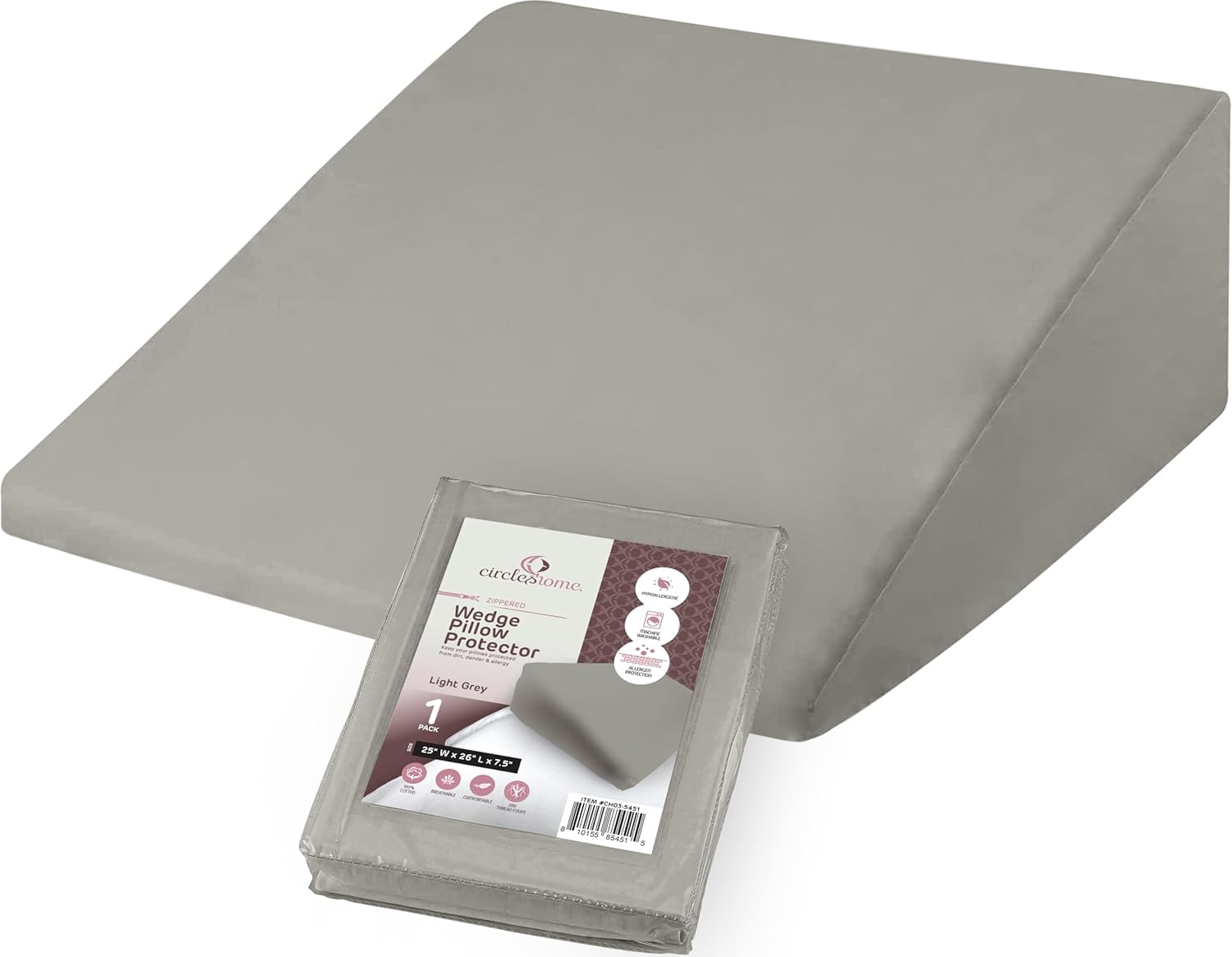 CirclesHome Wedge Pillow Cover Soft 100 Cotton Zippered Hypoallergenic Breathable Light Grey