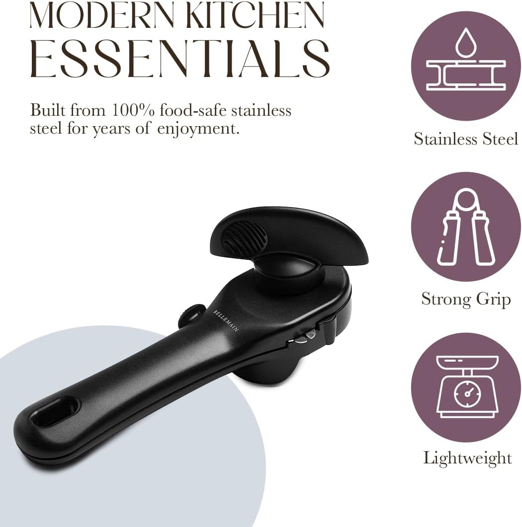 Bellemain Stainless Steel Manual Can Opener - Ergonomic Safe Cut for Seniors