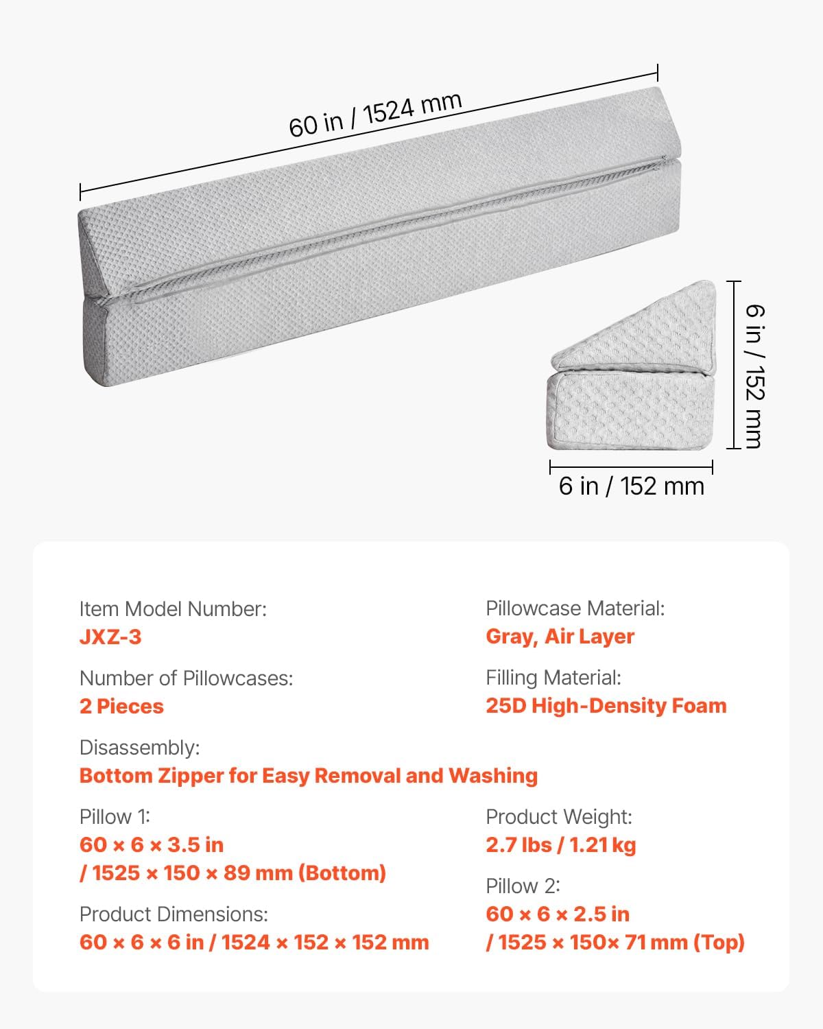 VEVOR Bed Wedge Pillow - 60x6x6 Gray 0-7 Gap Filler