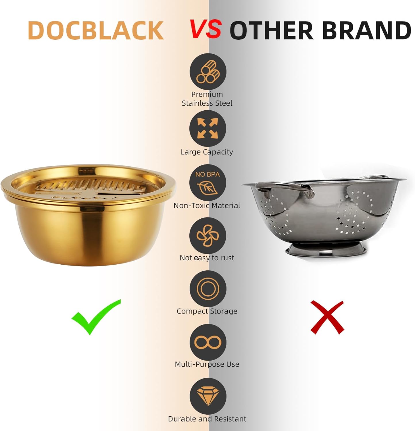 DOCBLACK 3Pcs Stainless Steel Colander Set Gold