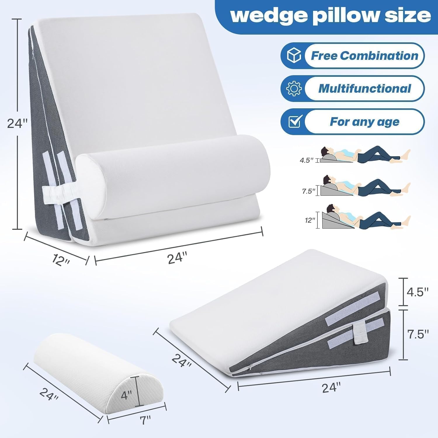 GOHOME 3-Piece Memory Foam Wedge Pillow Set - White and Grey