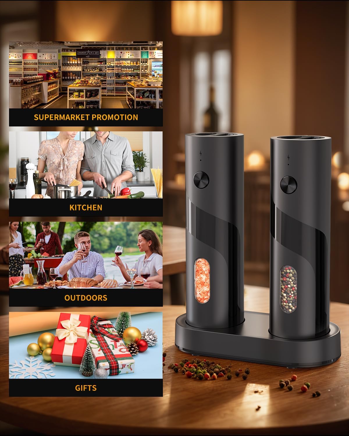 CIRCLE JOY Rechargeable Salt Pepper Grinder Set with USB Charging Base