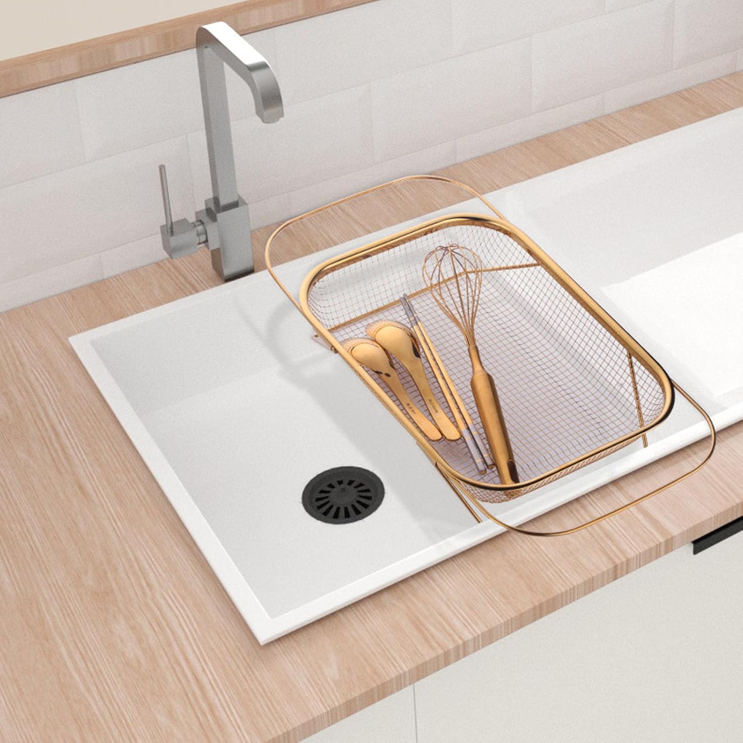 SUNFECILI Over the Sink Colander Strainer Basket Rose Gold