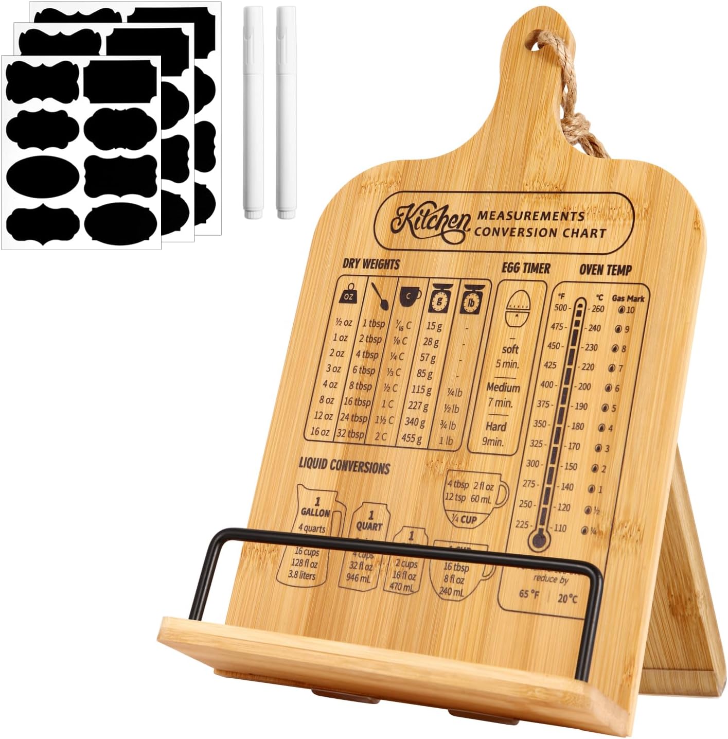 Quexilo Adjustable Cookbook Stand - Bamboo Chalkboard Labels Measurement Chart