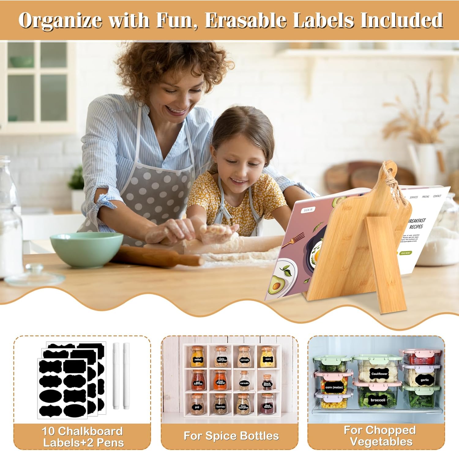 Quexilo Adjustable Cookbook Stand - Bamboo Chalkboard Labels Measurement Chart
