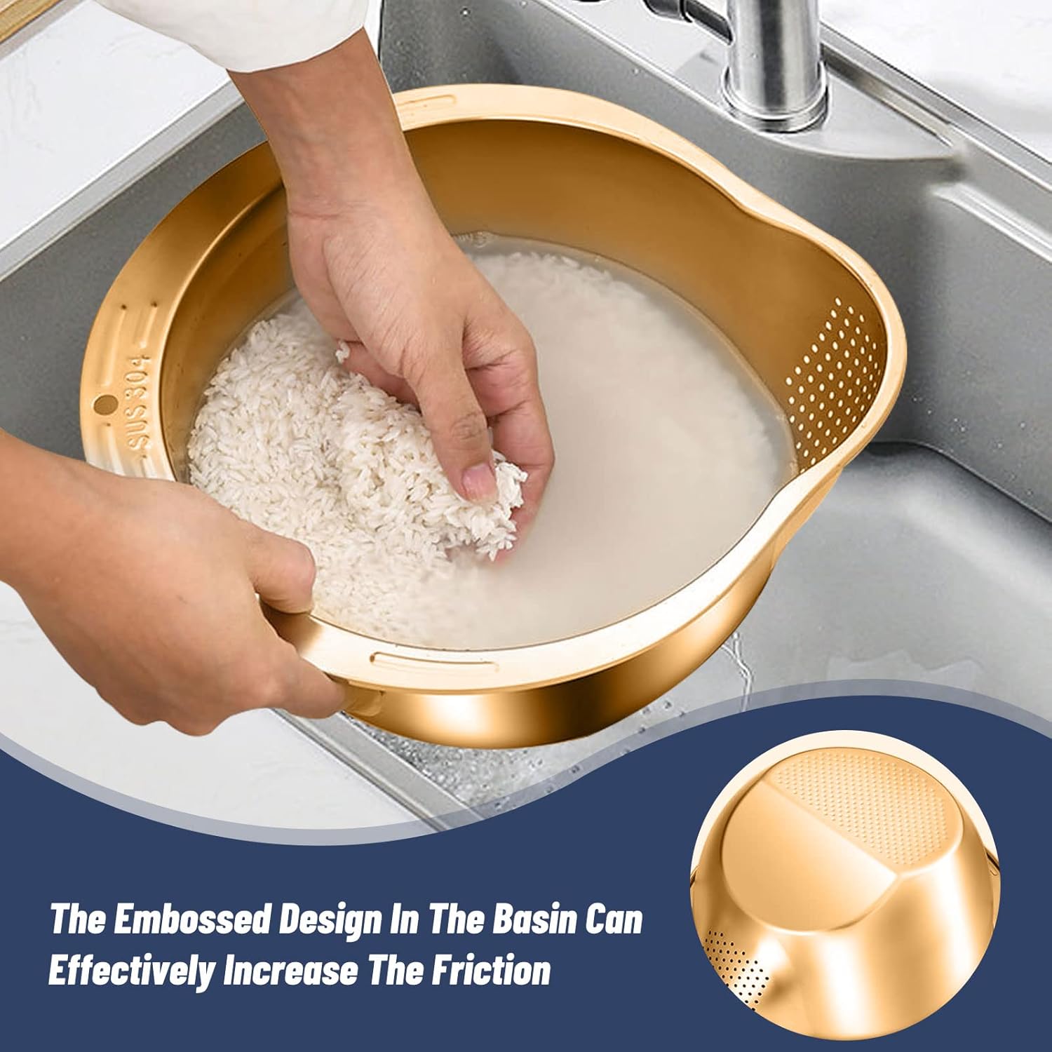 BigKing 2 Pack Rice Washing Bowl with Strainer and Adhesive Hooks Gold