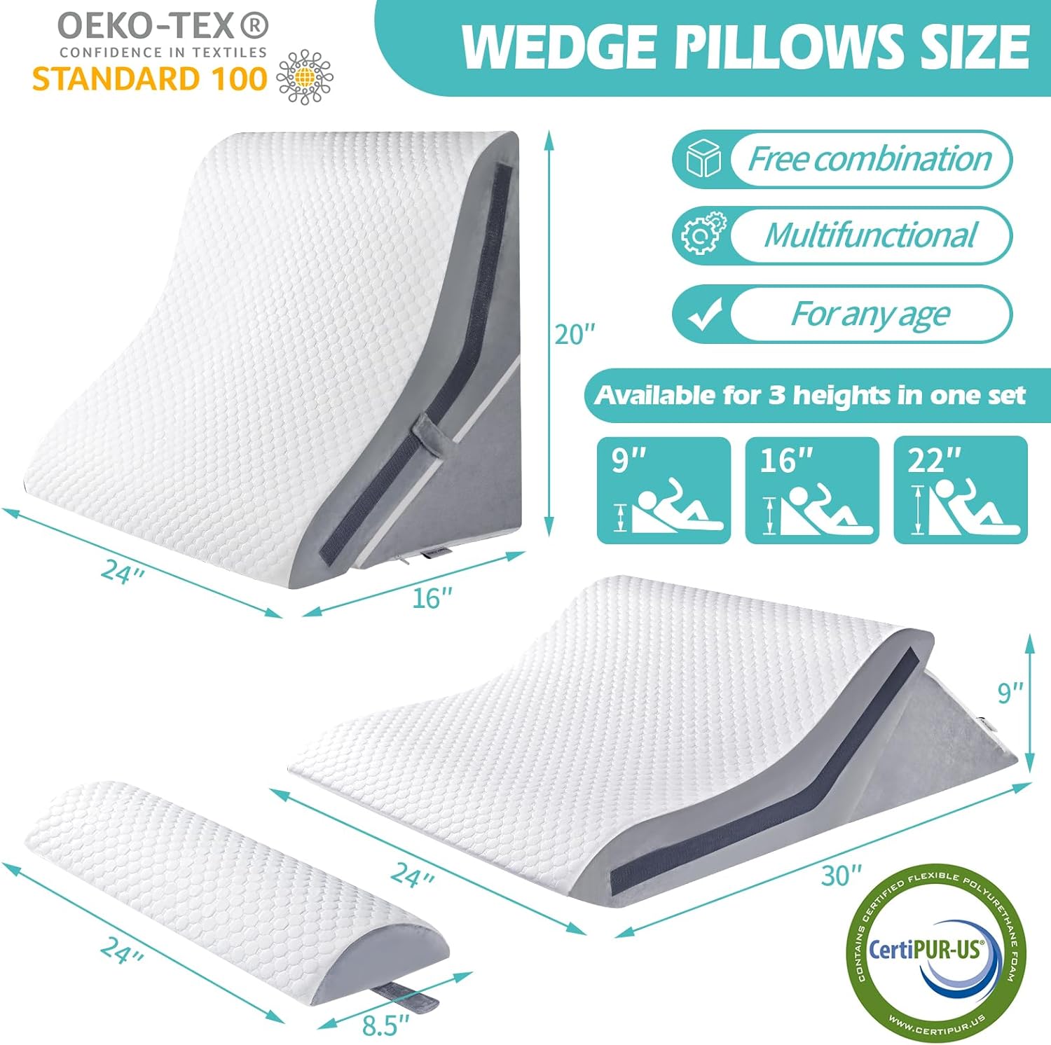 Simpledad Wedge Pillow Set 3PCS 15-in-1 Adjustable Memory Foam