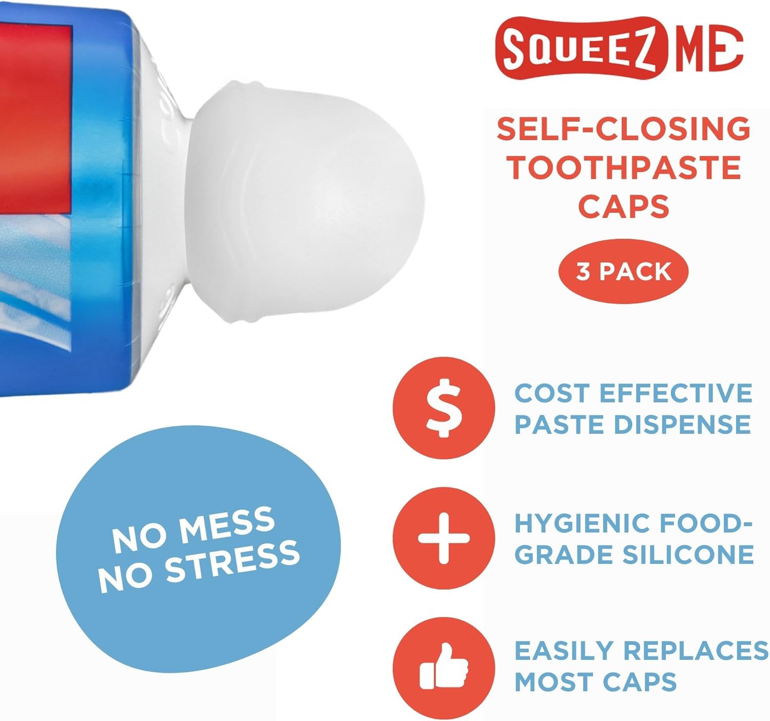 Chrome Cherry SqueezMe Self-Closing Toothpaste Caps Clear Pack of 3