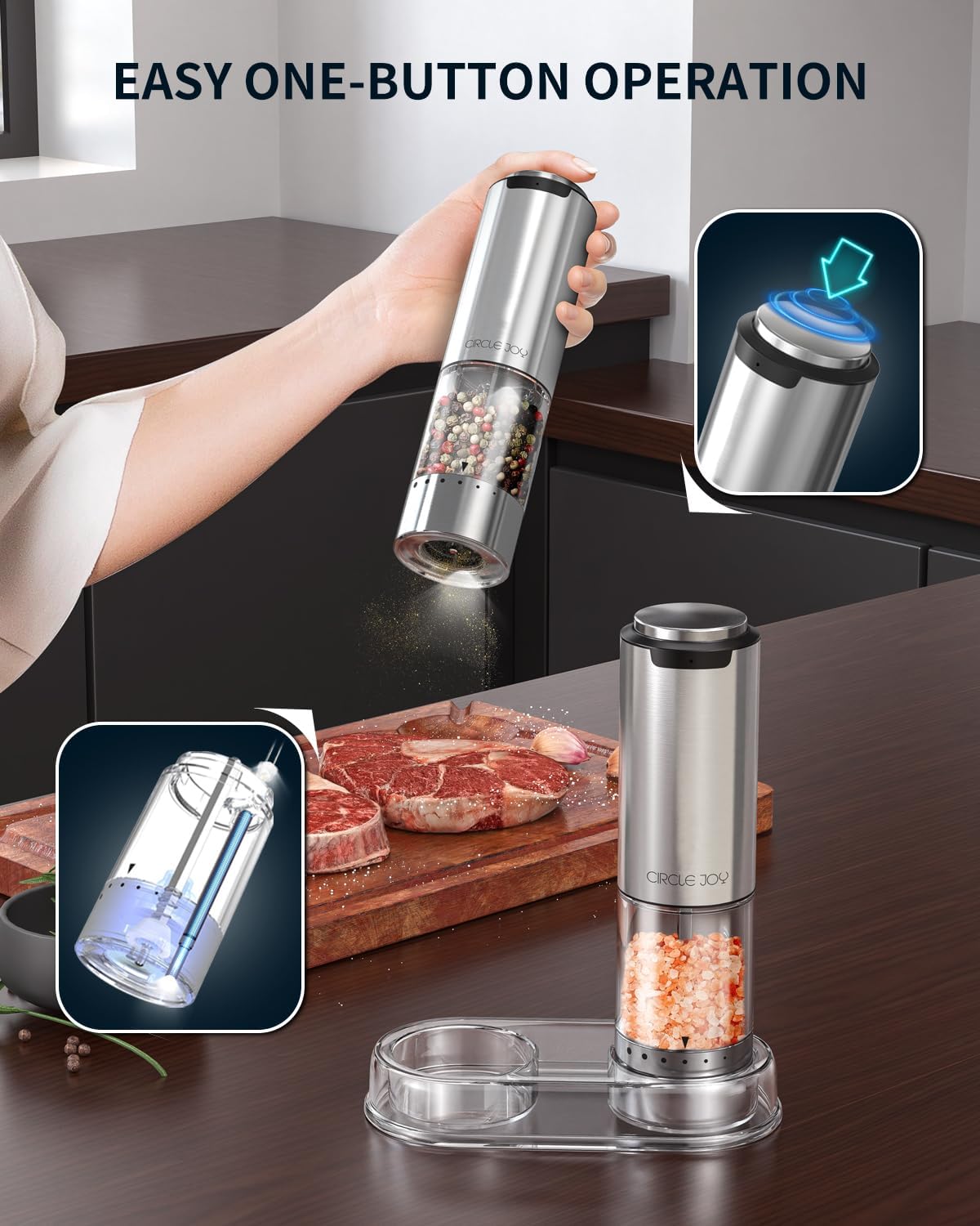 CIRCLE JOY Electric Salt Pepper Grinder Set with Base and LED Light