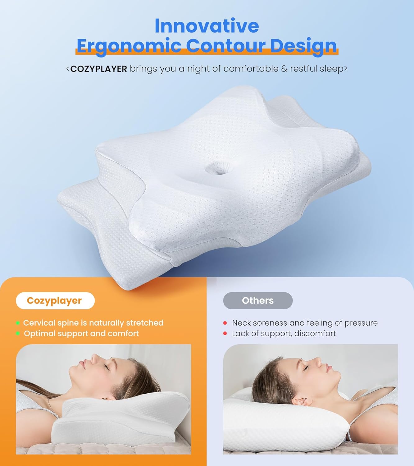 Cozyplayer Ultra Pain Relief Cooling Pillow with Neck Support
