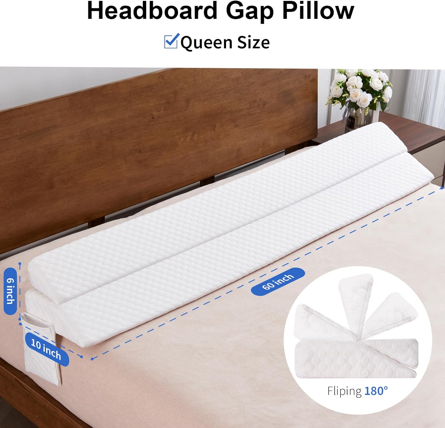 EUHAMS Queen Size Bed Wedge Pillow - Gap Filler 60x10x6 White