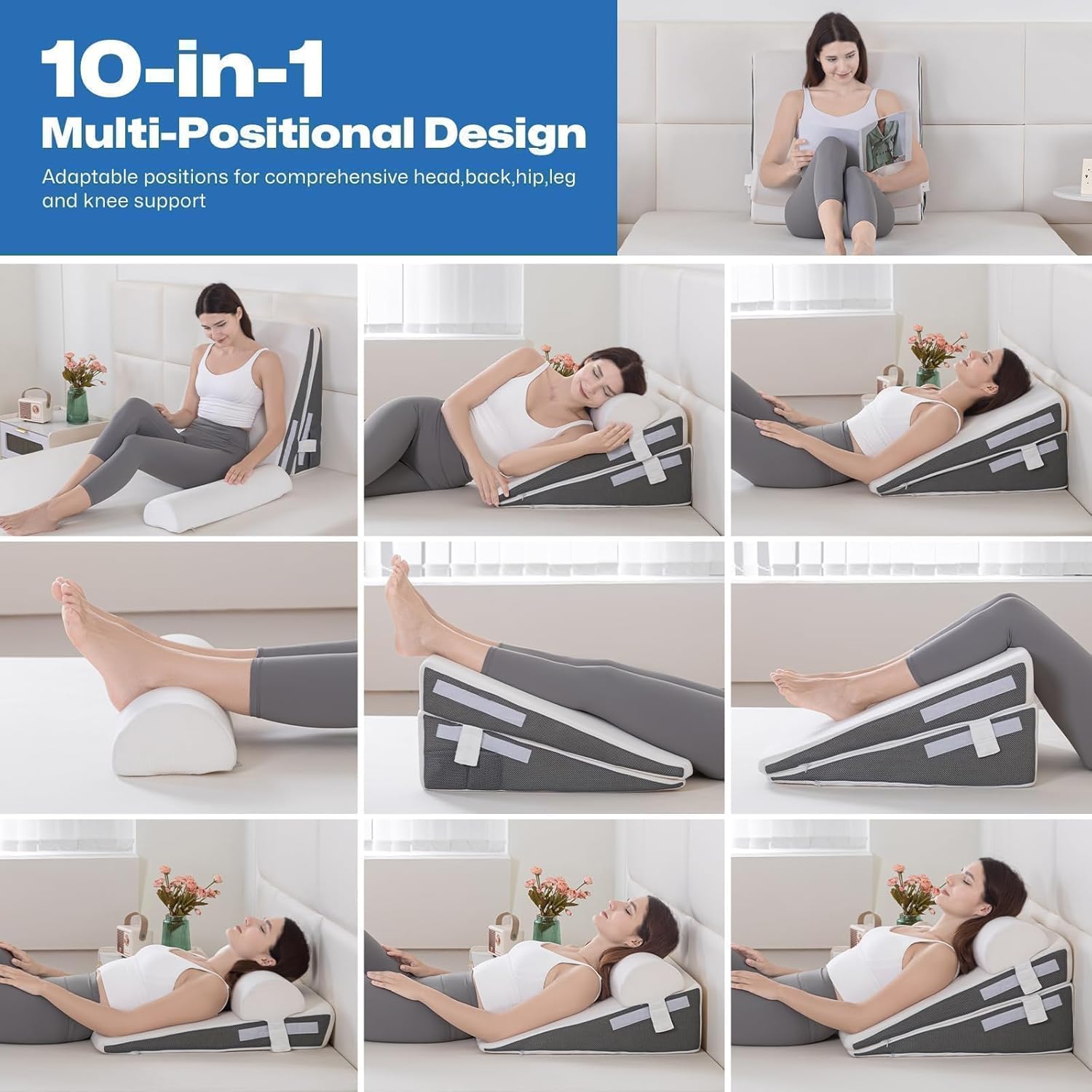 GOHOME 3-Piece Memory Foam Wedge Pillow Set - White and Grey