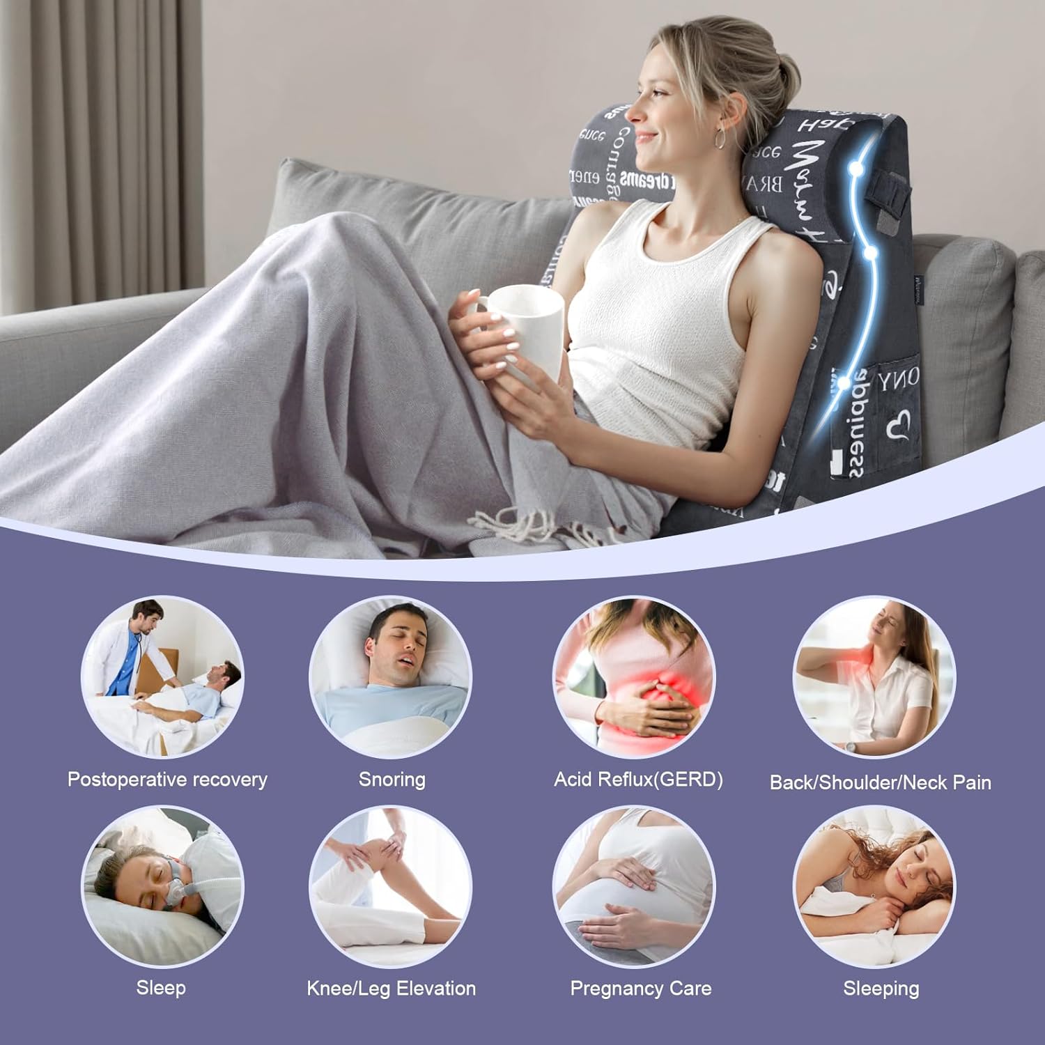 Wedge Pillow Headboard for Acid Reflux Relief and Back Pain