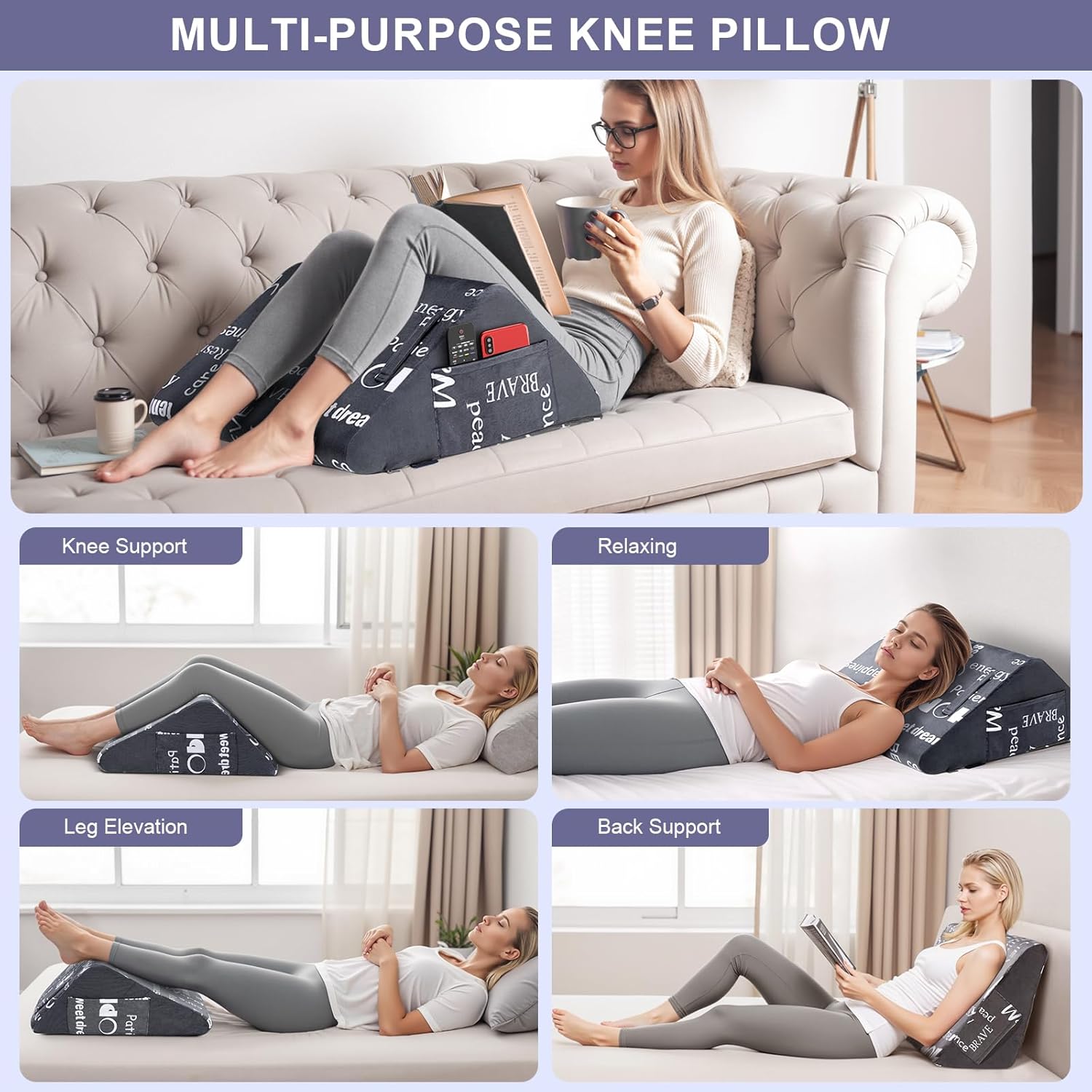 MYLIFESION Knee Wedge Pillow with Positive Words