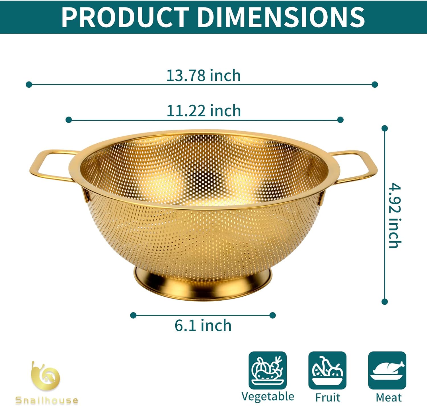 Snailhouse 5 Qt Stainless Steel Colander with Handles and Self-Draining Base