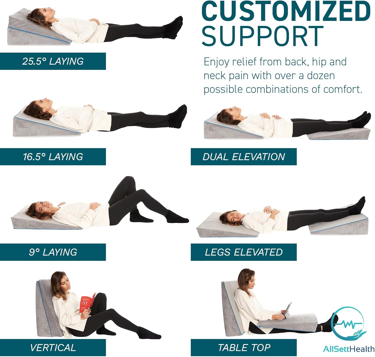 AllSett Health 3-in-1 Memory Foam Bed Wedge Pillow