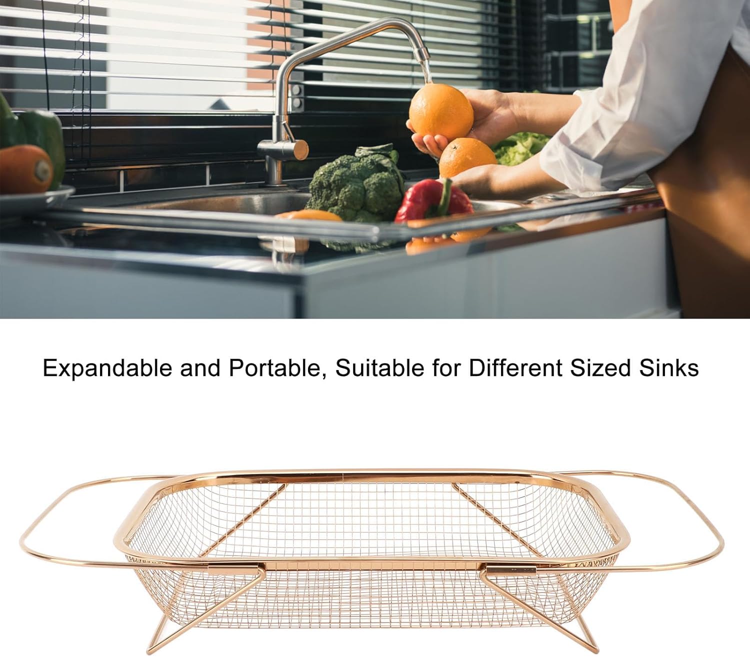 SUNFECILI Over the Sink Colander Strainer Basket Rose Gold