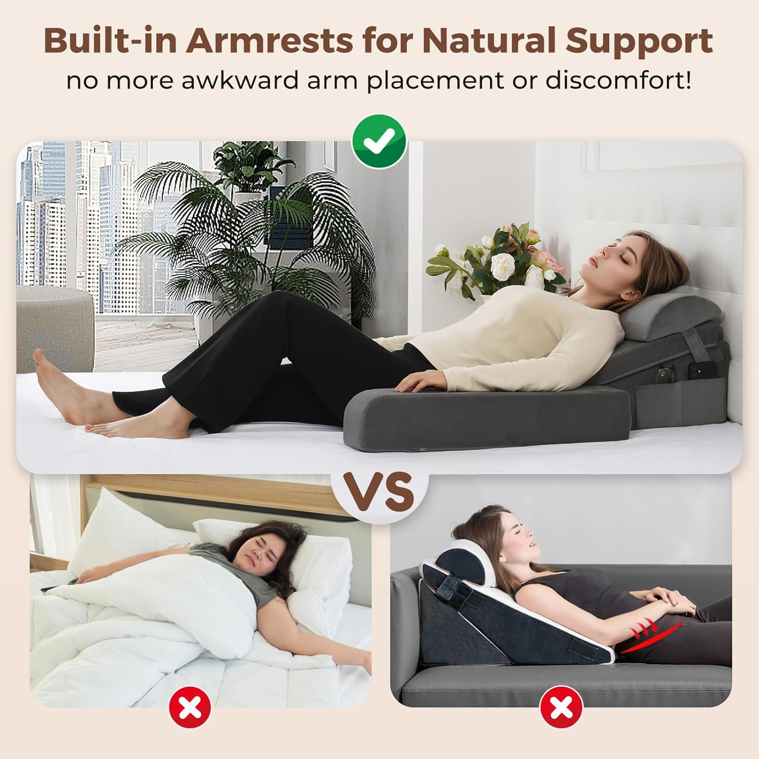 Vekkia Adjustable Wedge Pillow with Armrests and Headrest