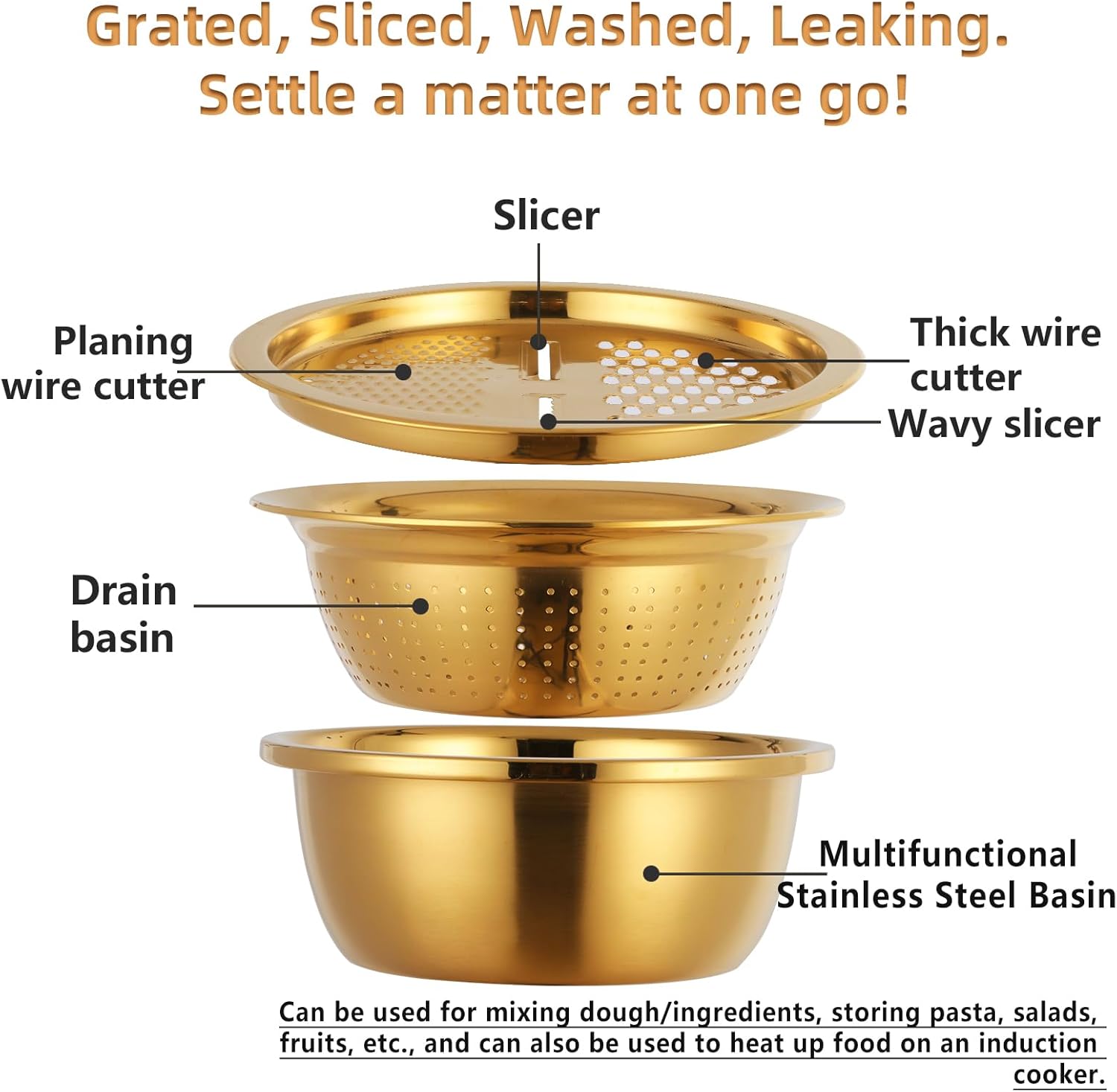 Meisha 3Pcs Stainless Steel Colander Set - Gold 1
