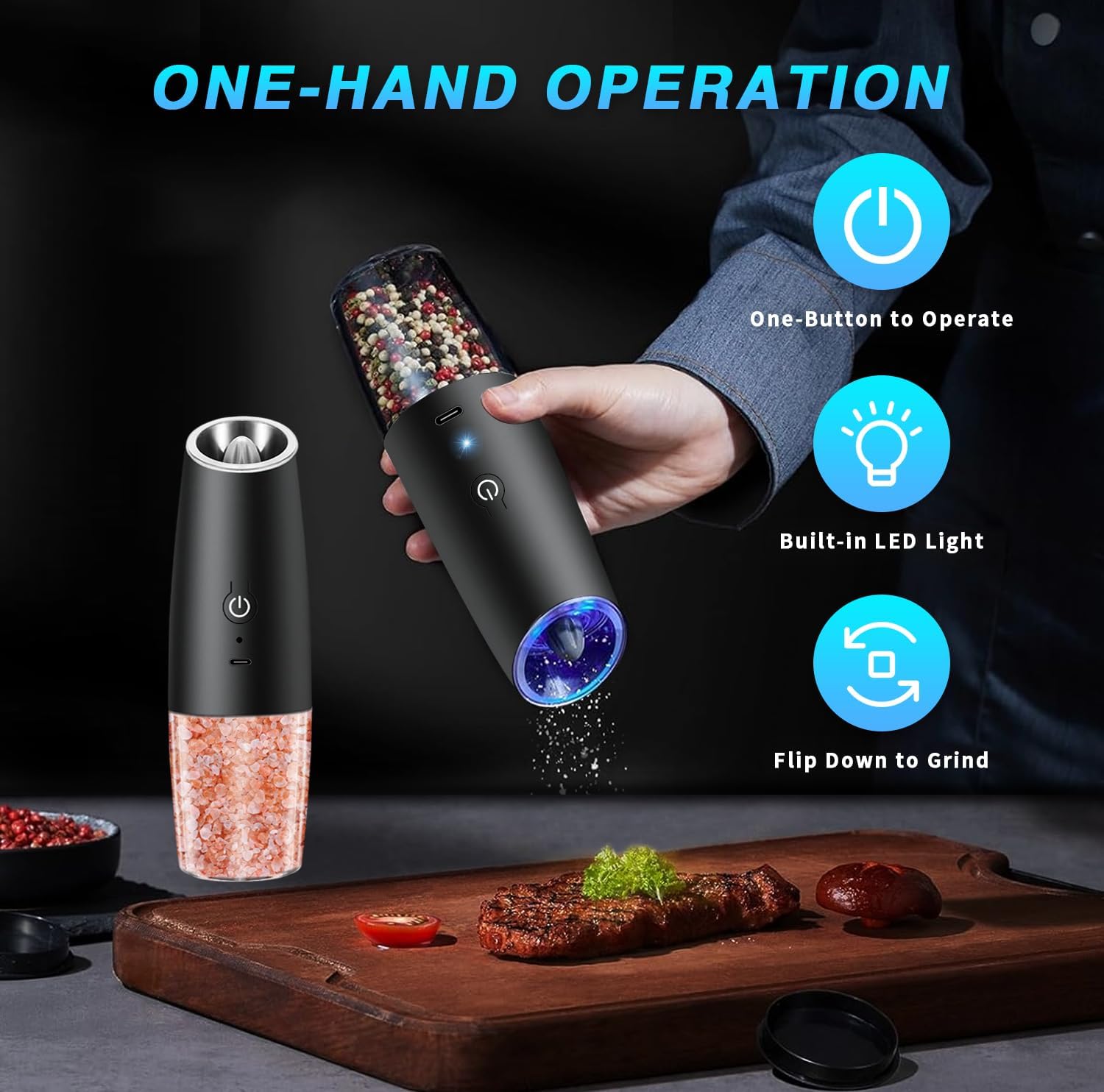 Haomacro Electric Salt and Pepper Grinder Set with LED Light