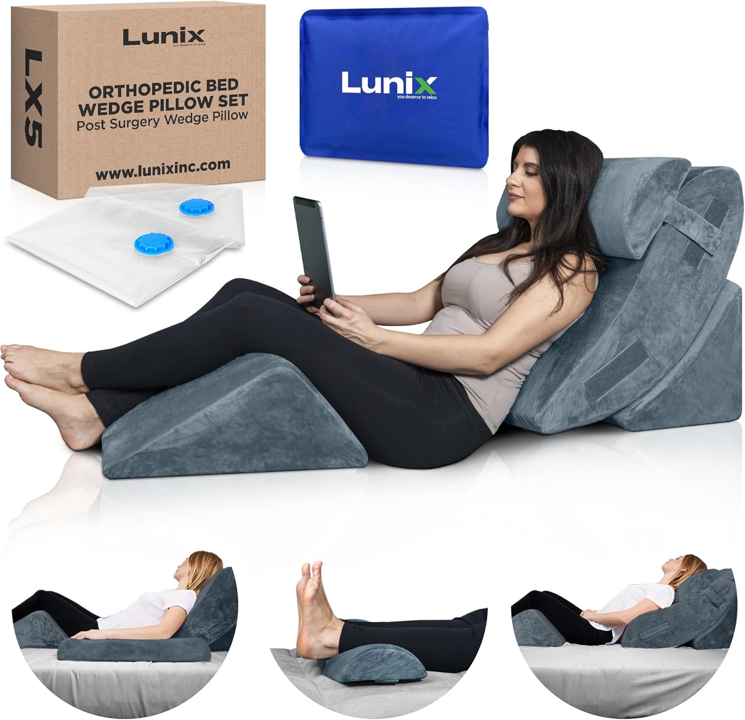 Lunix 4pcs Orthopedic Bed Wedge Pillow Set with Hot Cold Pack
