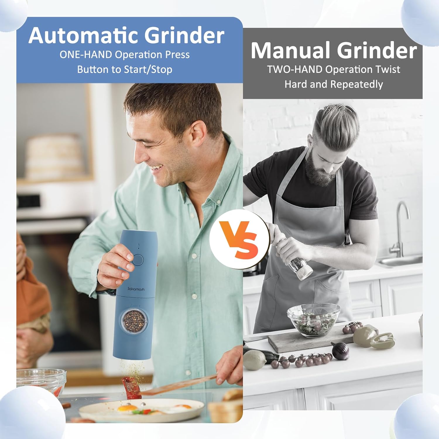 SAKAMOSH Electric Salt Pepper Grinder Set Rechargeable with LED Light 2-Pack Blue