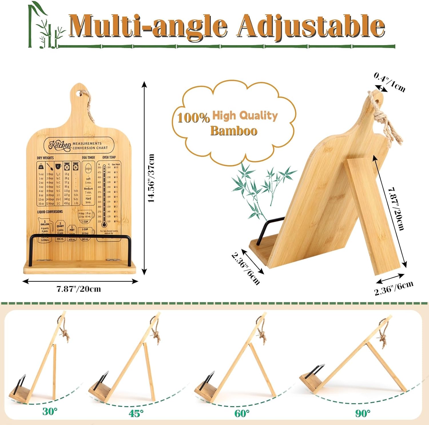 Quexilo Adjustable Cookbook Stand - Bamboo Chalkboard Labels Measurement Chart
