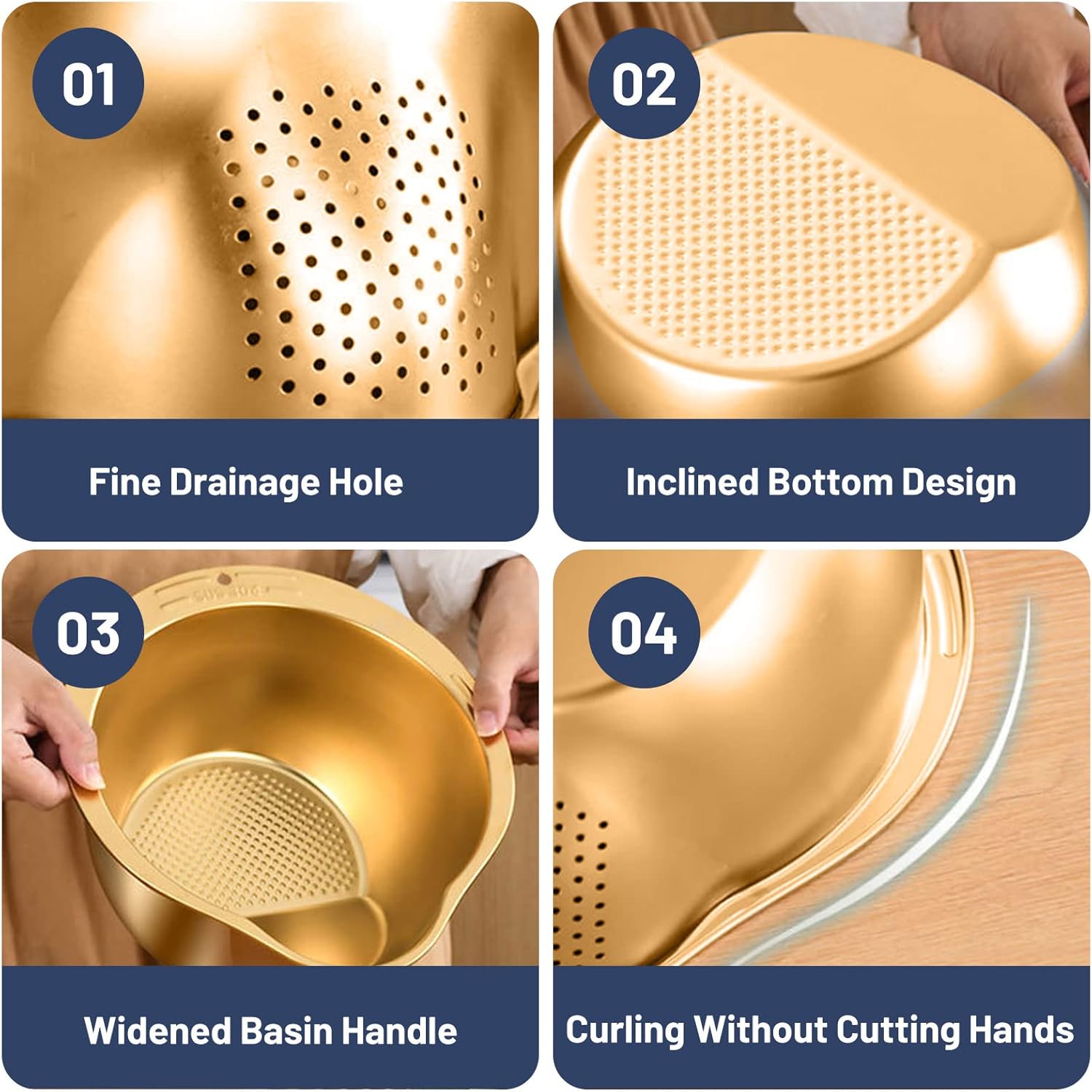 BigKing 2 Pack Rice Washing Bowl with Strainer and Adhesive Hooks Gold