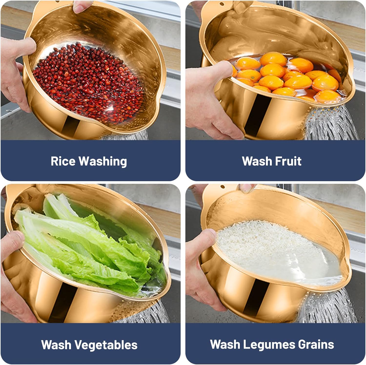 BigKing 2 Pack Rice Washing Bowl with Strainer and Adhesive Hooks Gold