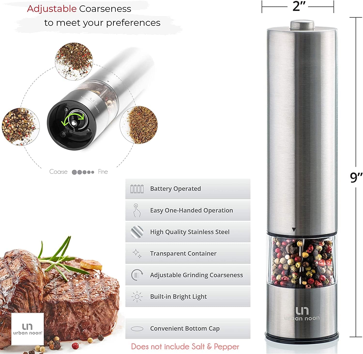 Urban Noon Electric Salt Pepper Grinder Set - Battery Operated with LED Light