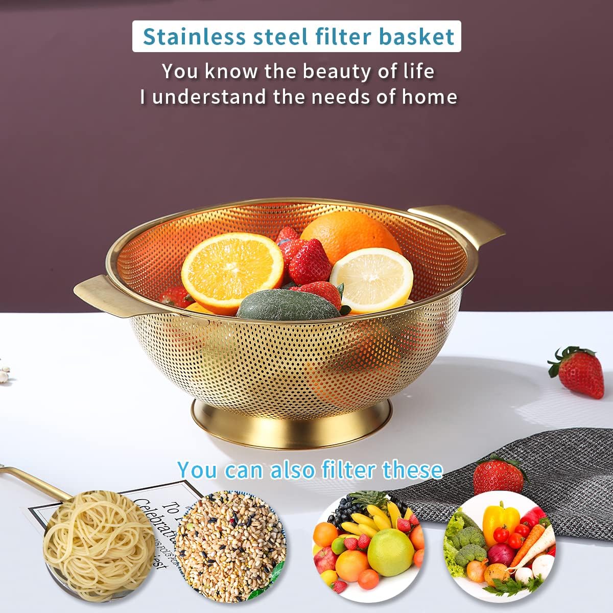 Kyraton Gold Colander 5 Quart Professional Sturdy Strainer with Dishwasher Safe Design
