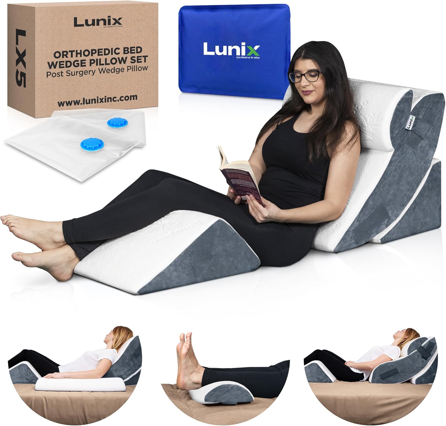 Lunix 4pcs Orthopedic Bed Wedge Pillow Set with Hot Cold Pack 1