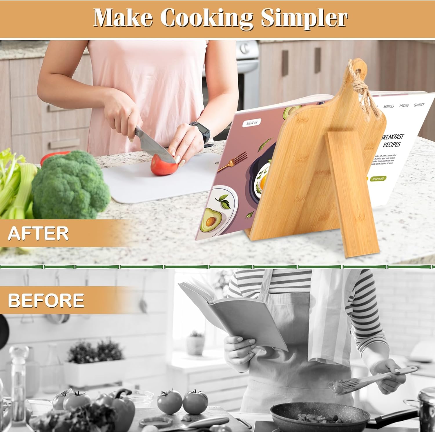Quexilo Adjustable Cookbook Stand - Bamboo Chalkboard Labels Measurement Chart