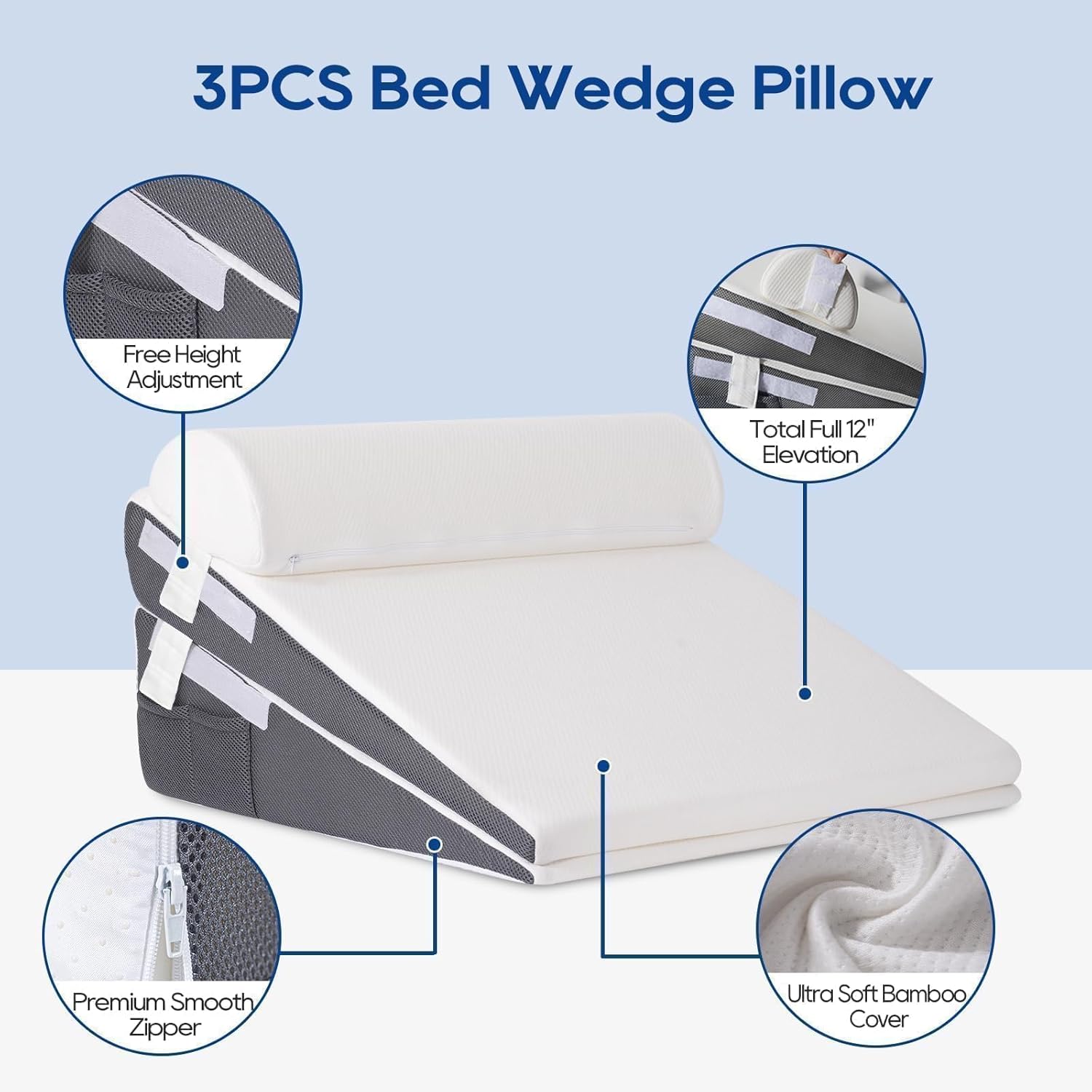 GOHOME 3-Piece Memory Foam Wedge Pillow Set - White and Grey