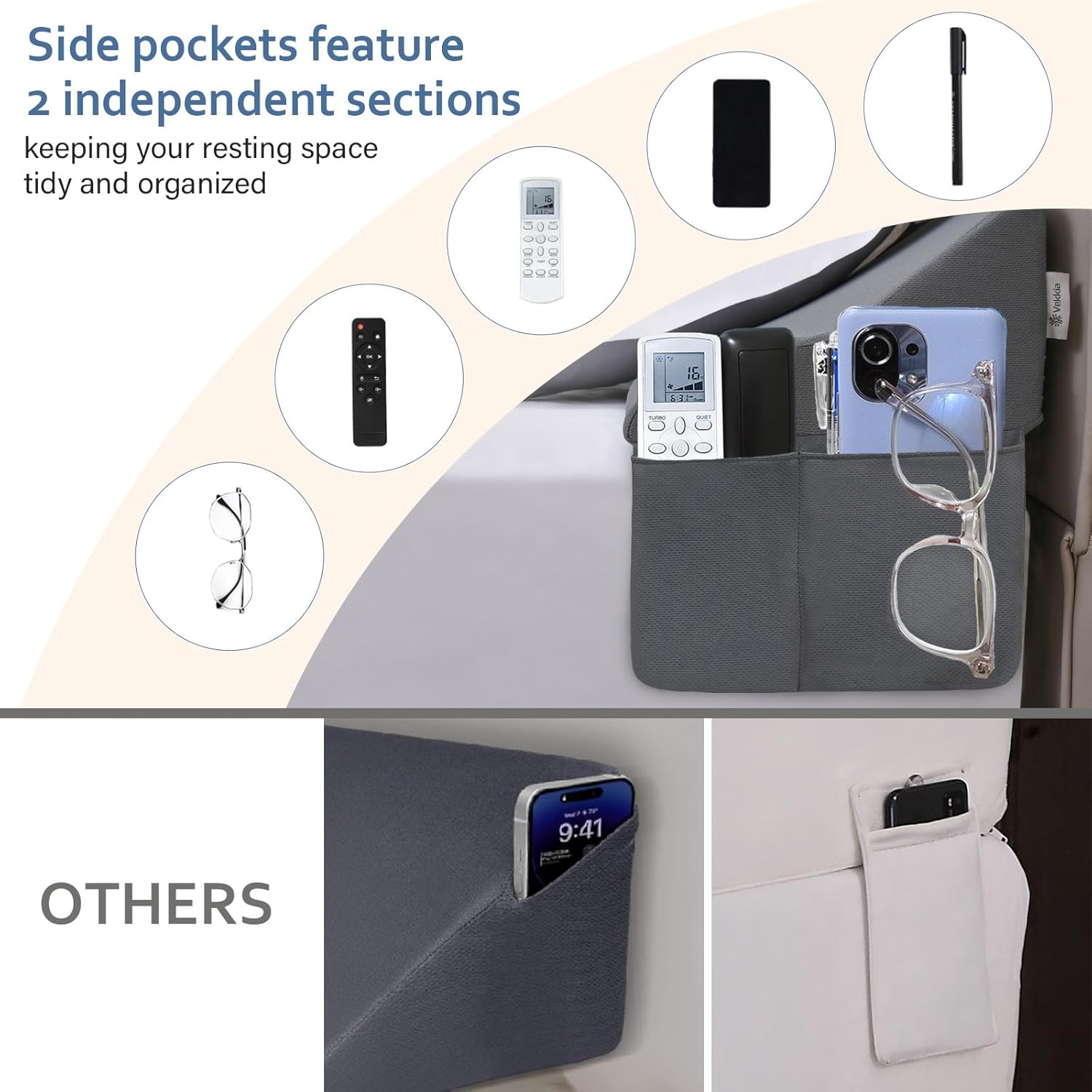 Vekkia King Bed Wedge Pillow Gap Filler with Storage Pockets